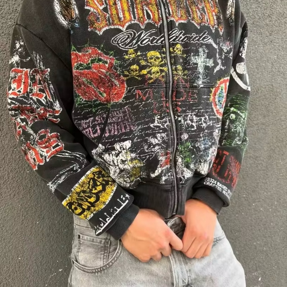 Men's Graphic Zip-Up Sweater - Black Multicolor